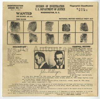 John Dillinger Doi Issued Vintage Wanted Notice U.  S.  Doj,  Washington,  Dc