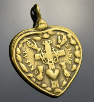 Rare Antique Brass Pendant 17th C.  Sacred Heart Passion Holy Family Arma Christi