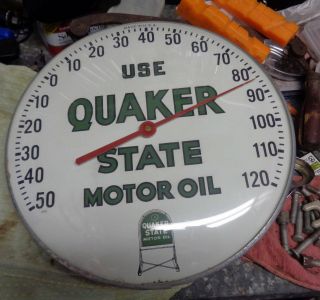 Vintage Quaker State 12 Round Glass Thermometer Sign