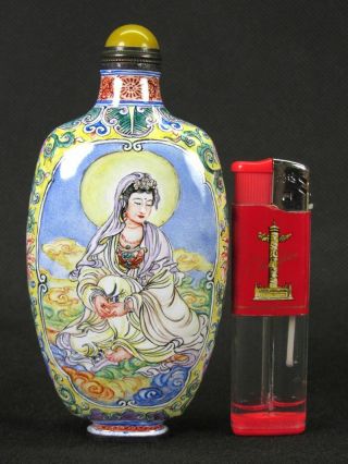 Big Chinese Guanyin Buddha Hand Painted Copper Enamel Snuff Bottle