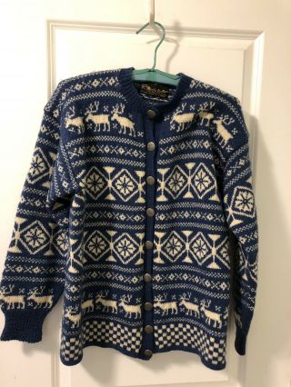 Nordic Boutique Made In Norway Vtg Wool Cardigan Sweater W/reindeer Design - Euc