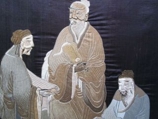 Antique Chinese Silk Embroidery On Silk Fabric Scholars Wise Men 52cm X 55cm