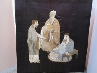 Antique Chinese Silk Embroidery On Silk Fabric Scholars Wise Men 52cm x 55cm 2