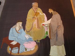 Antique Chinese Silk Embroidery On Silk Fabric Scholars Wise Men 52cm x 55cm 3
