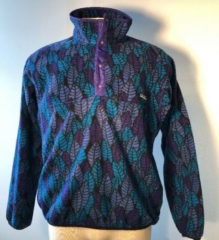 Patagonia Vtg Leaf Print Snap Fleece Pullover Purple Made In Usa Sz L Bin - U
