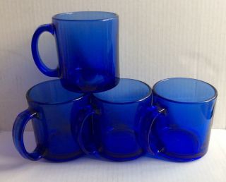 Set 4 Heavy Vintage Cobalt Blue Glass Coffee/tea Mug/cup Made In Usa 3 3/4” H