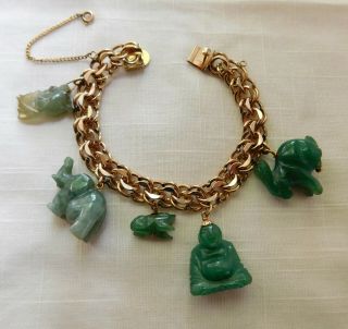 Vintage Winard 12k G.  F.  Double Row Charm Bracelet W/ 14k Gold Green Jade Charms