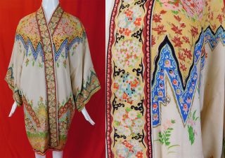 Vintage Art Deco Chinoiserie Silk Orientalism Print Flapper Kimono Robe Coat