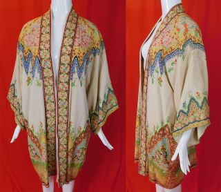 Vintage Art Deco Chinoiserie Silk Orientalism Print Flapper Kimono Robe Coat 3