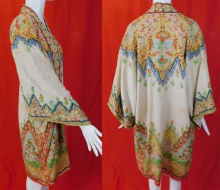 Vintage Art Deco Chinoiserie Silk Orientalism Print Flapper Kimono Robe Coat 4