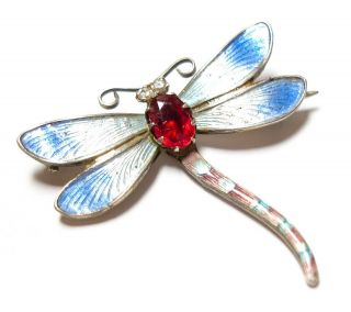 Vintage Or Antique Silver,  Enamel & Paste Stone Dragonfly Brooch Af