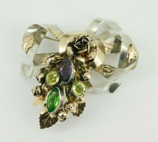 Vintage / Antique Hobe Sterling Silver & 14k Gold Rhinestone Brooch