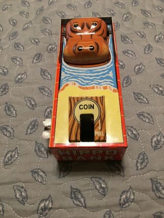 Vintage Hippo Coin Bank Wind - Up Tin Toy Yone Made In Japan Yonezawa