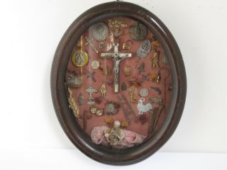 Antique Shadow Box With Many Milagros,  Cross And Christian Symbols