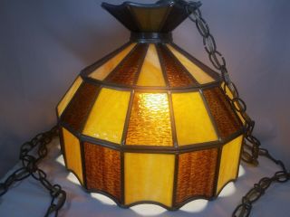 Vintage Stained Glass Tiffany Style Hanging Light Lamp Amber/brown W/ Wall Plug