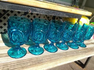 Vtg L E Smith Blue Moon And Stars 6 " Stemmed Water Goblets Glasses (6)
