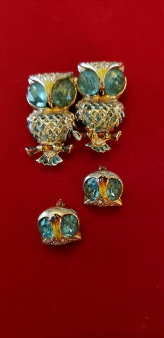 Vintage Corocraft Duette Owls Pins And Earring Set Blue Eyes
