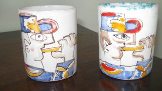 DeSimone Italy Pottery Vintage Coffee Mugs Handpainted Faces White Red Yellow 5