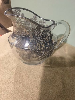 Vintage Depression Glass / Crystal Water Pitcher With Silver Floral Overlay