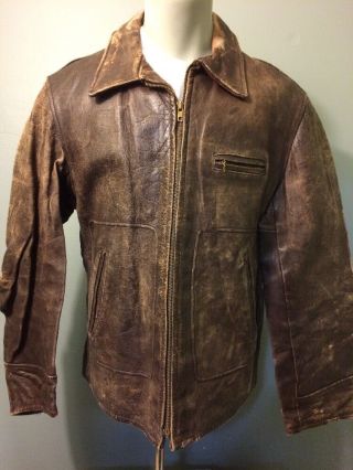 Vtg 40s 50s Leather Belted Jacket Mens M - L Bomber Barnstormer Biker Motorcycle