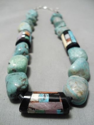 Rare Vintage Santo Domingo Turquoise Inlay Sterling Silver Boulder Necklace