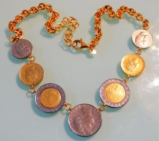 Vtg 1980s Signed Italy 925 Sterling Silver Gold Roman Coin Lire Necklace