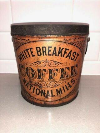Vintage White Breakfast Coffee Can Pail Antique Tin - National Mills - Orange