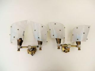 Pair French Vintage Modernist Brass Wall Light Sconces Hanging Fixtures