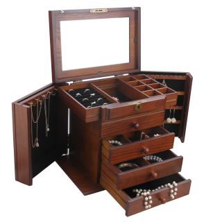 Brown Wood Jewelry Cabinet Vintage Armoire Box Mirror Storage Necklace Organizer