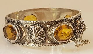 Antique Victorian Etruscan Sterling Silver Yellow Glass Pin Clasp Bracelet