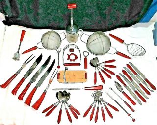 Vintage 44 Pc.  Valley Forge Red Bakelite & Stainless Flatware For 6 & Baking Set