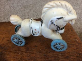 Vintage Plastic White Horse Pull Toy On Wheels