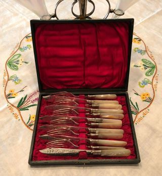 Antique H W Silver Plated Fish Knife & Fork 6 Pair Mop Set Henry Wilkinson & Co