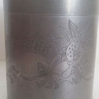 ANTIQUE CHINESE 19th C.  Kut Hing Swatow Pewter Tea Caddy Dragon Pattern Rare 8