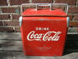 Vintage 50 ' s Coca Cola COKE TempRite Embossed Metal Sign Picnic Soda Pop Cooler 6