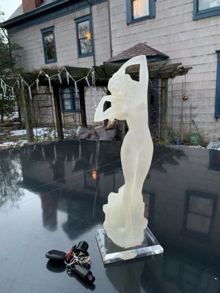 Vintage 1987 Crystallus Nude Deco Frosted Lucite Sculpture,  19” Tall Woman Lady