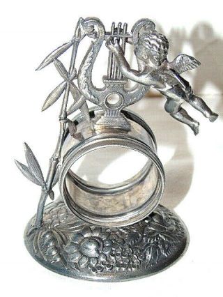 Antique Meriden Silverplate Cherub Lyre Harp Napkin Ring Holder 289