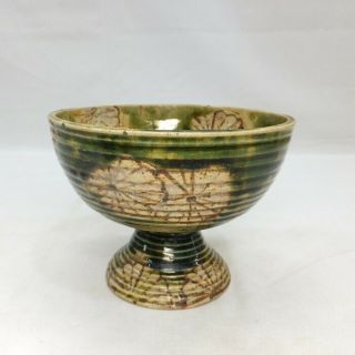 G421: Rare,  Japanese Really Old Oribe Pottery Bowl Haisen With Great Atmosphere