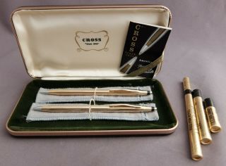 Vintage Cross 14k Solid Gold Ballpoint Pen & Pencil Set In Case With Refills