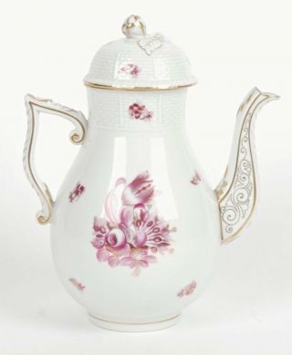 Vintage Herend Hand Painted Coffee Pot Raspberry Floral W/ Gilding