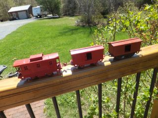 3 Red Vintage Lionel Lines Tin Toy Trains - Caboose & 2 Box Cars
