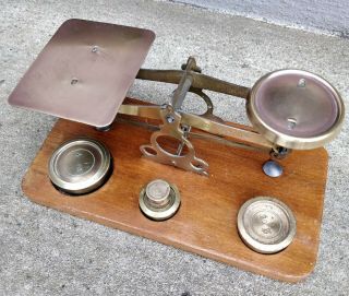 Vintage Post Office Letter Brass Balance Scales & 4 Weights Uk British English