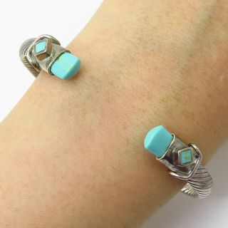 Vtg Mexico 925 Sterling Silver Turquoise Gem Twisted Cable Cuff Bracelet 7 "
