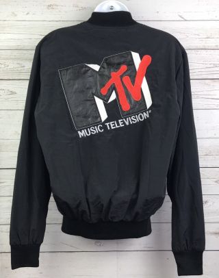 Vintage Mtv Black Bomber Jacket Size Small Leather Logo 80s