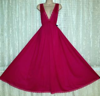 Vtg Rich Raspberry Miss Elaine Silky Soft Sweeping Nightgown Gown Negligee L Xl