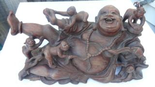 Antique Chinese Hand Carved Buddha 5 Kids Wood Statue Figurine Old 5 1/2 X 12