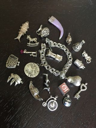 Vintage Sterling Silver English Charm Bracelet With Vintage Charms Rare