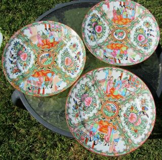 3 Antique 9.  5 " Chinese Porcelain Rose Medallion Dinner Plates Hand Painted