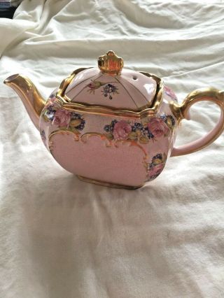 Exquisite Vintage Sadler Cube Teapot Pink Roses W/ Gold Trim 2031jd