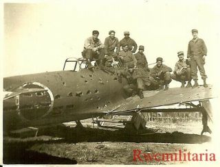 Org.  Photo: Us Troops W/ Shot Up Japanese Attack Bomber Abandoned On Airfield